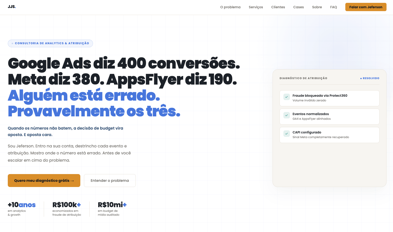 Site de Jeferson J Silva, consultoria de Analytics e Atribuição