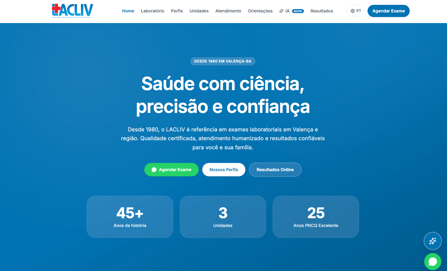 Site do LACLIV, laboratório de análises clínicas de Valença